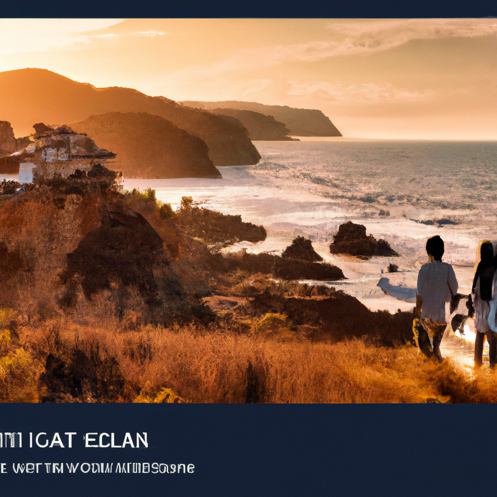 A cinematic coastal village at golden hour, travelers walking a cliff path